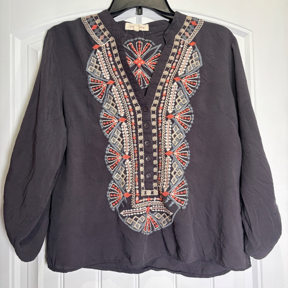 Solitaire Embroidered Blouse Womens Medium Grey Boho Roll Tab Sleeve Top